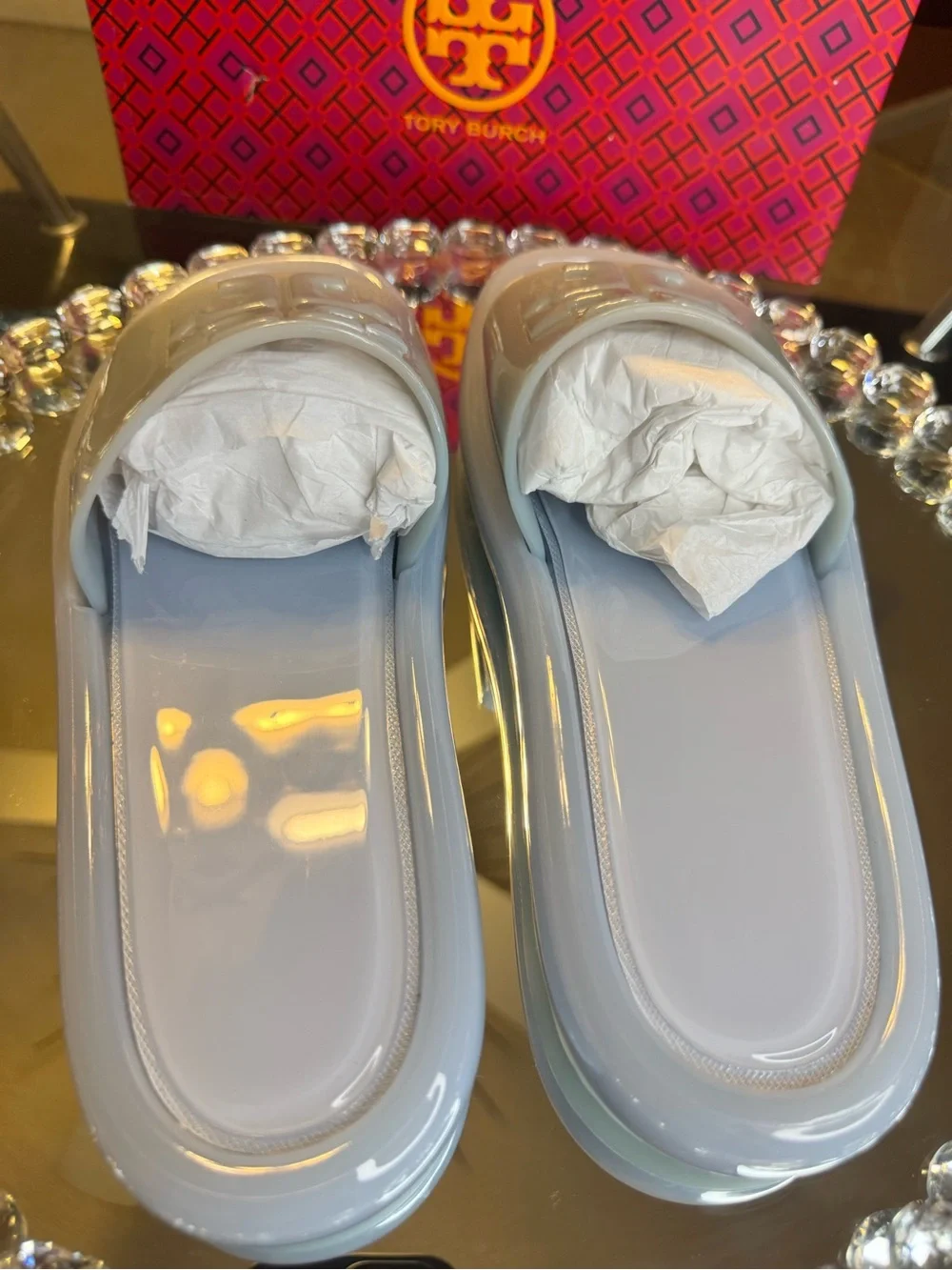 Tory Burch Women's Bubble Jelly SlidesIn Blue. Size  10